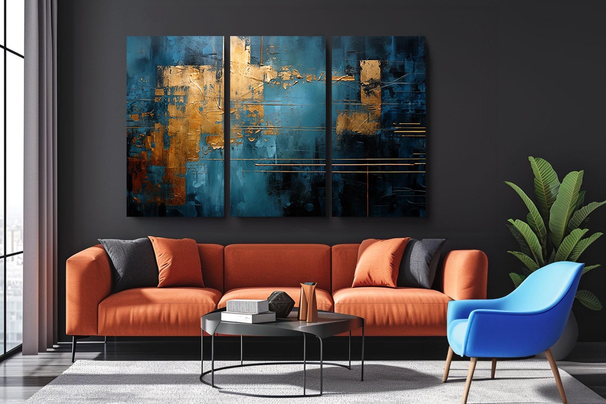 a living room with a large painting on the wall