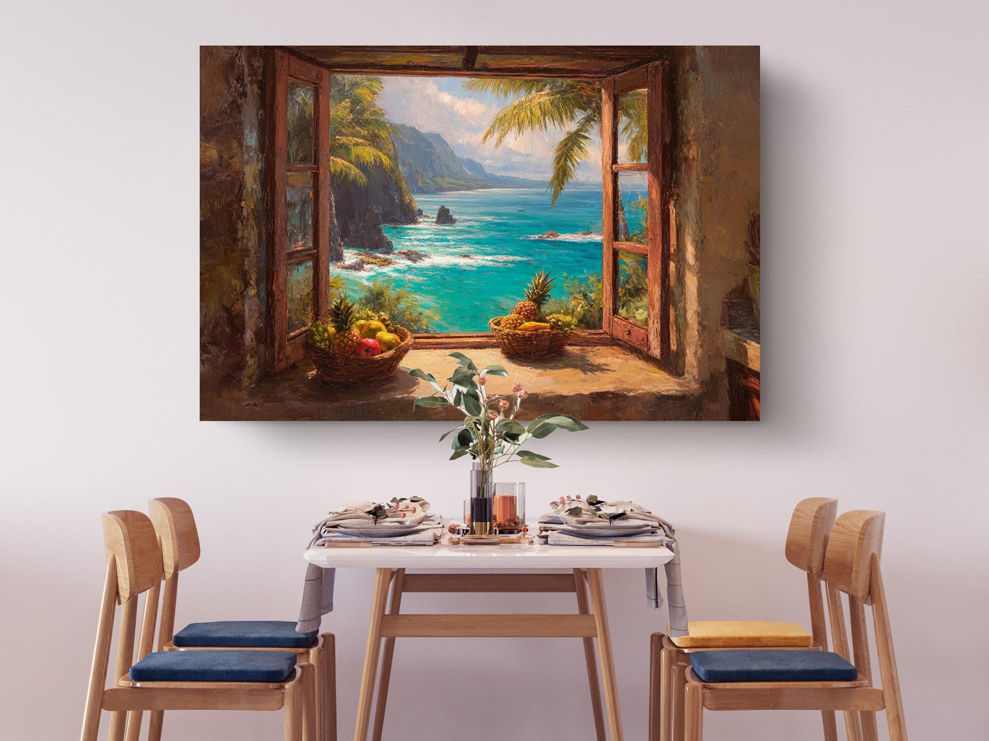 a dining table set with plates, silverware, and a vase of flowers, with a painting of a tropical island view hanging above it.