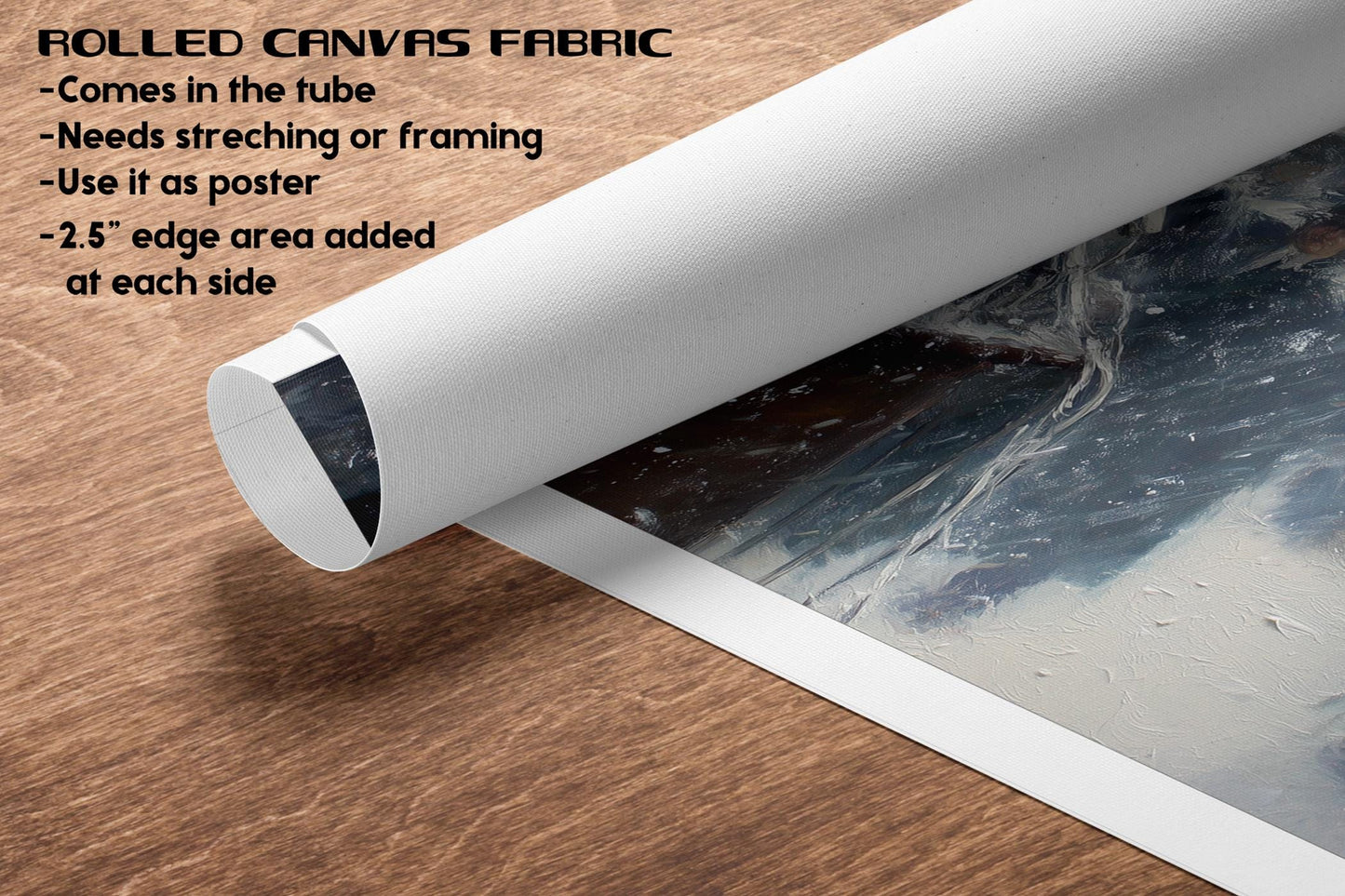 The image is a rolled canvas fabric with a printed image of a stormy sea on it. The fabric has a tube-like shape and a 2.5-inch edge added at each side.