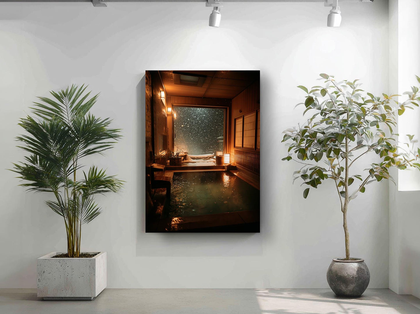 a serene indoor setting with a large window overlooking a pool, a wooden interior, and a view of falling snow outside.