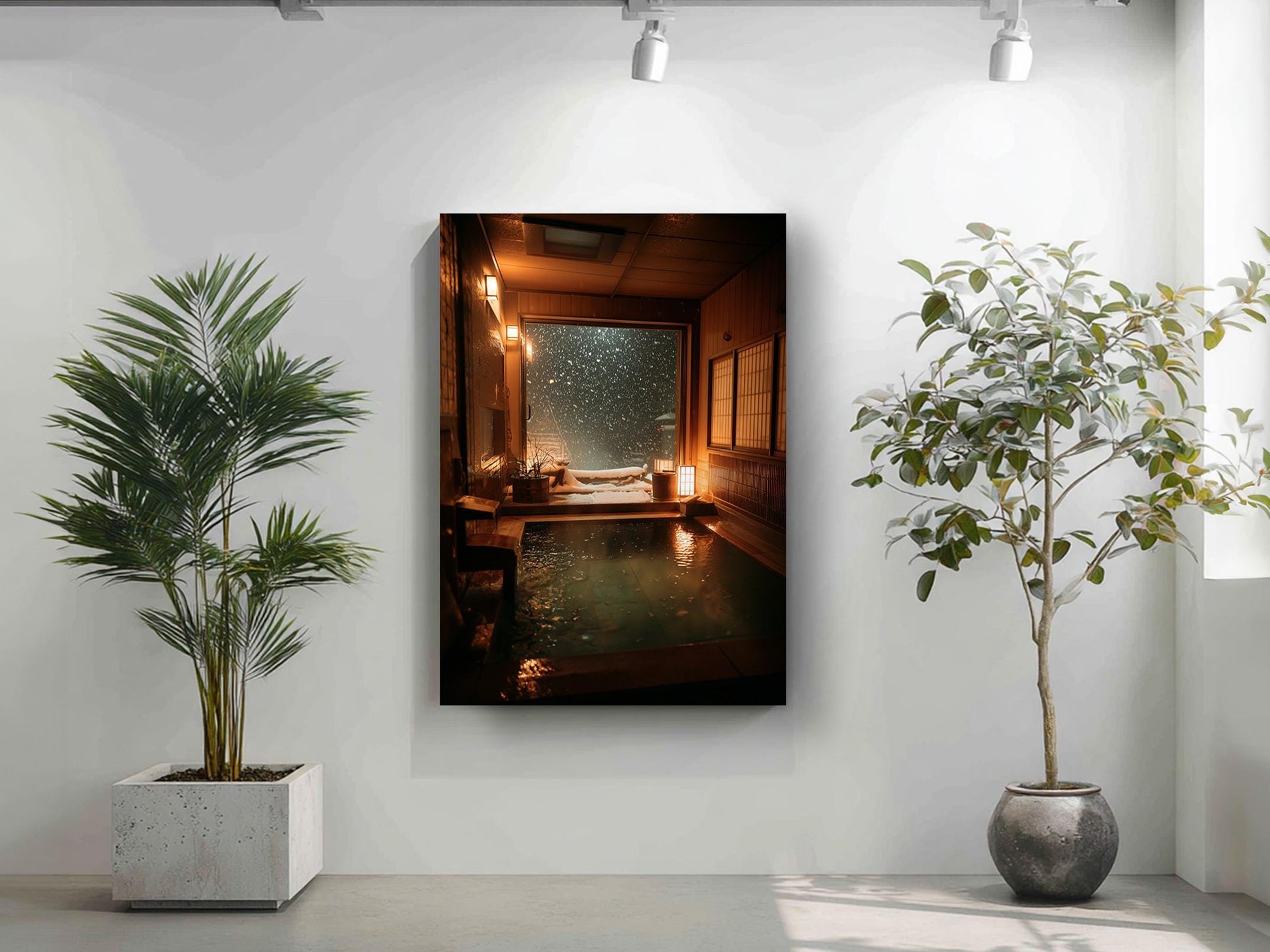 a serene indoor setting with a large window overlooking a pool, a wooden interior, and a view of falling snow outside.