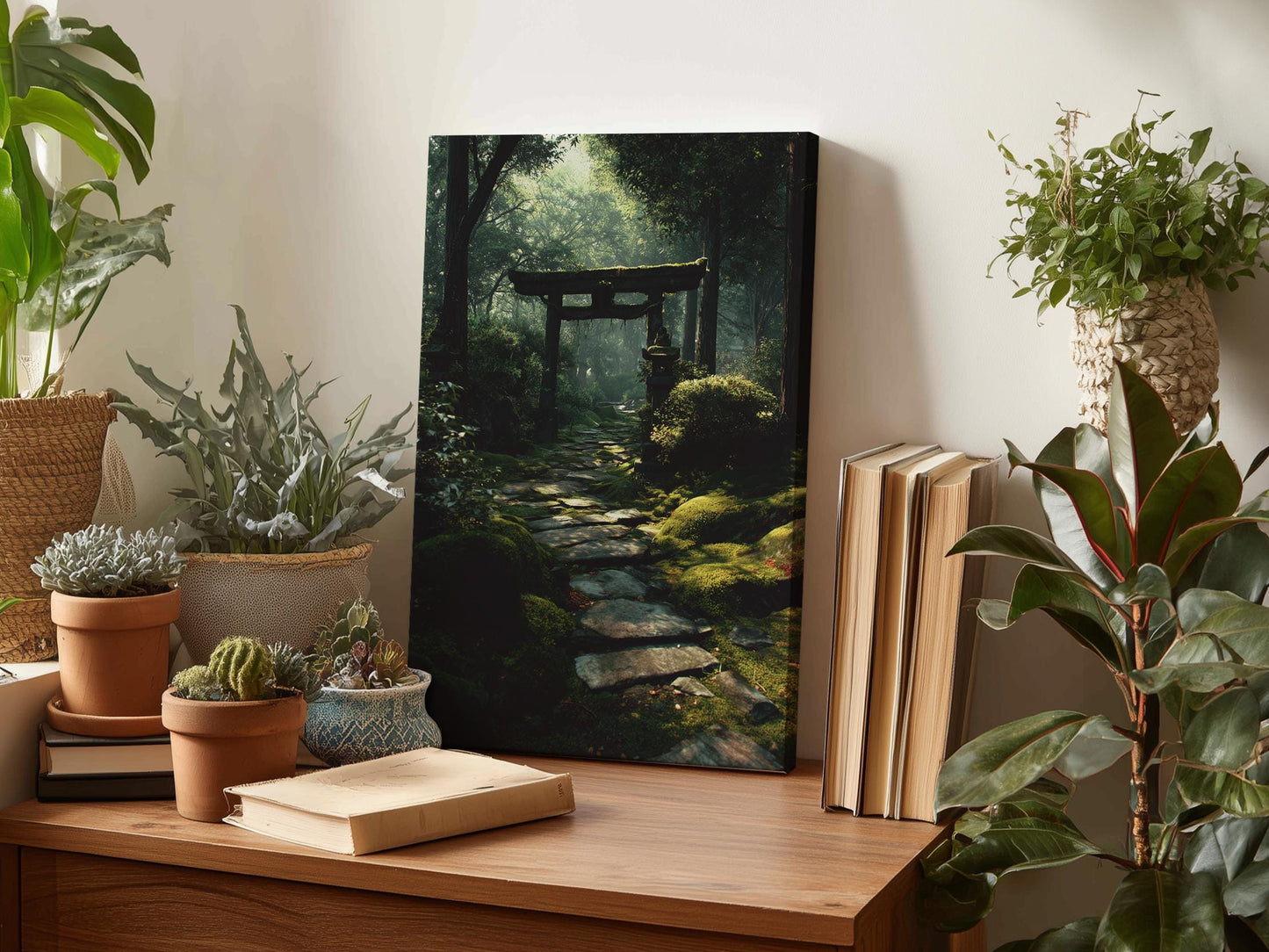 a wooden desk with a painting of a forest path, a stack of books, and several potted plants.
