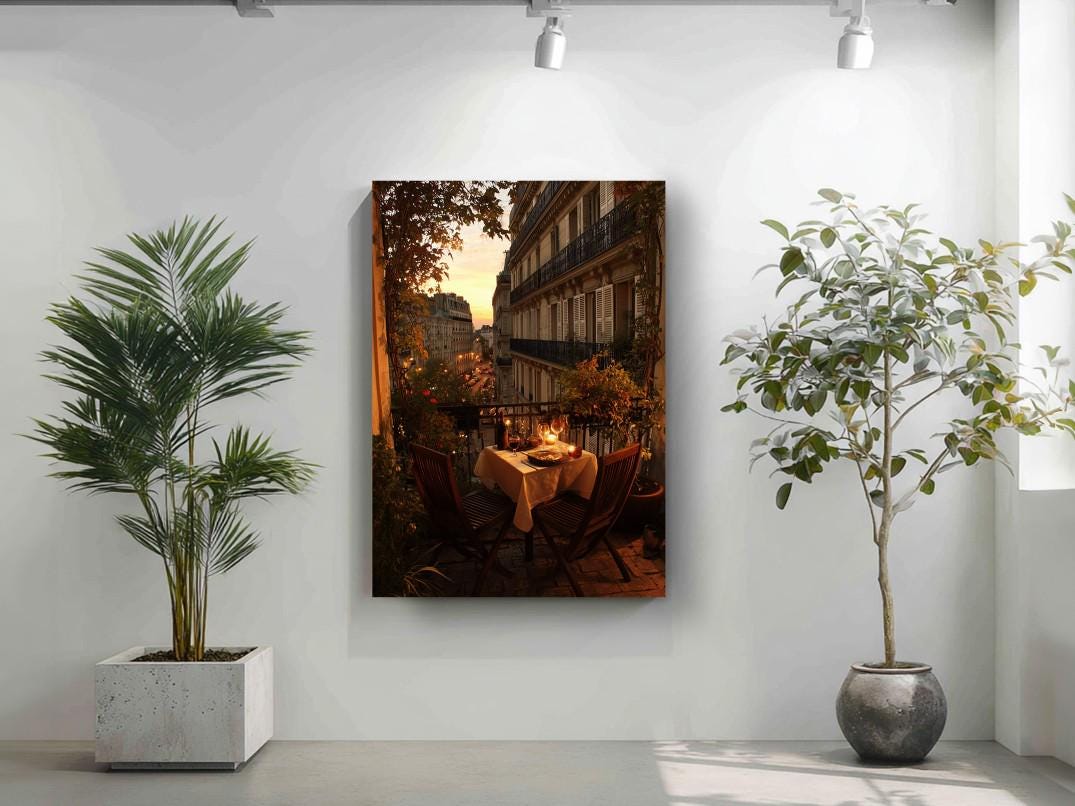 a serene outdoor dining area with a table set for two, surrounded by lush greenery and a picturesque cityscape.