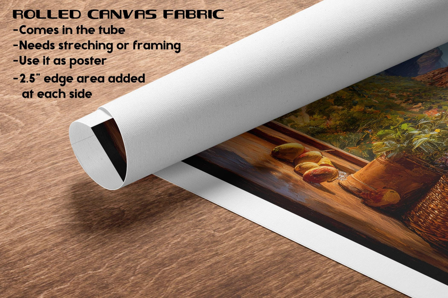 The image is a rolled canvas fabric with a painting of a still life scene featuring fruits and a vase on a wooden surface.