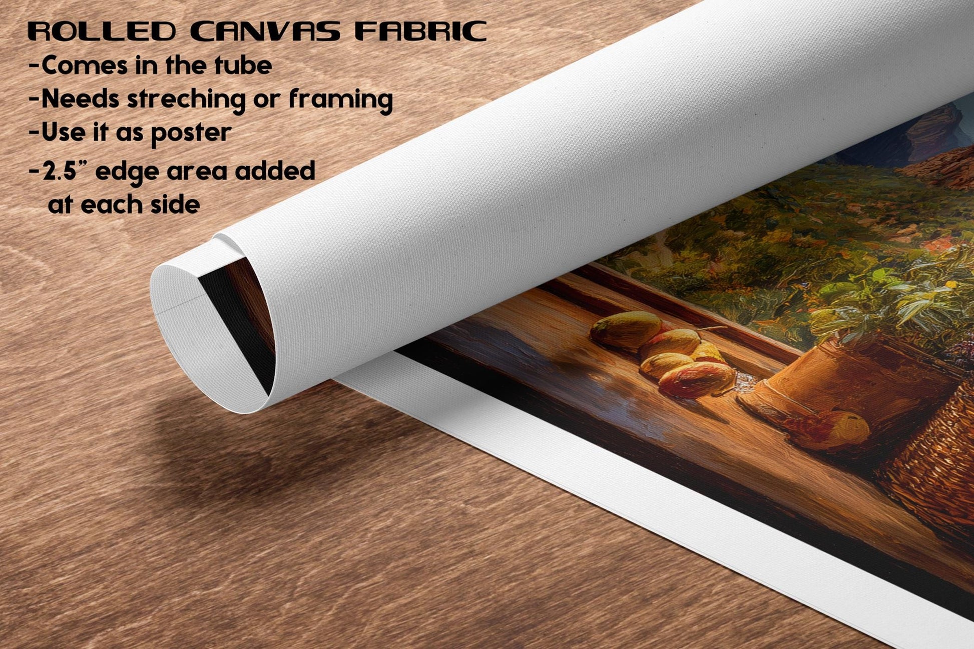 The image is a rolled canvas fabric with a painting of a still life scene featuring fruits and a vase on a wooden surface.