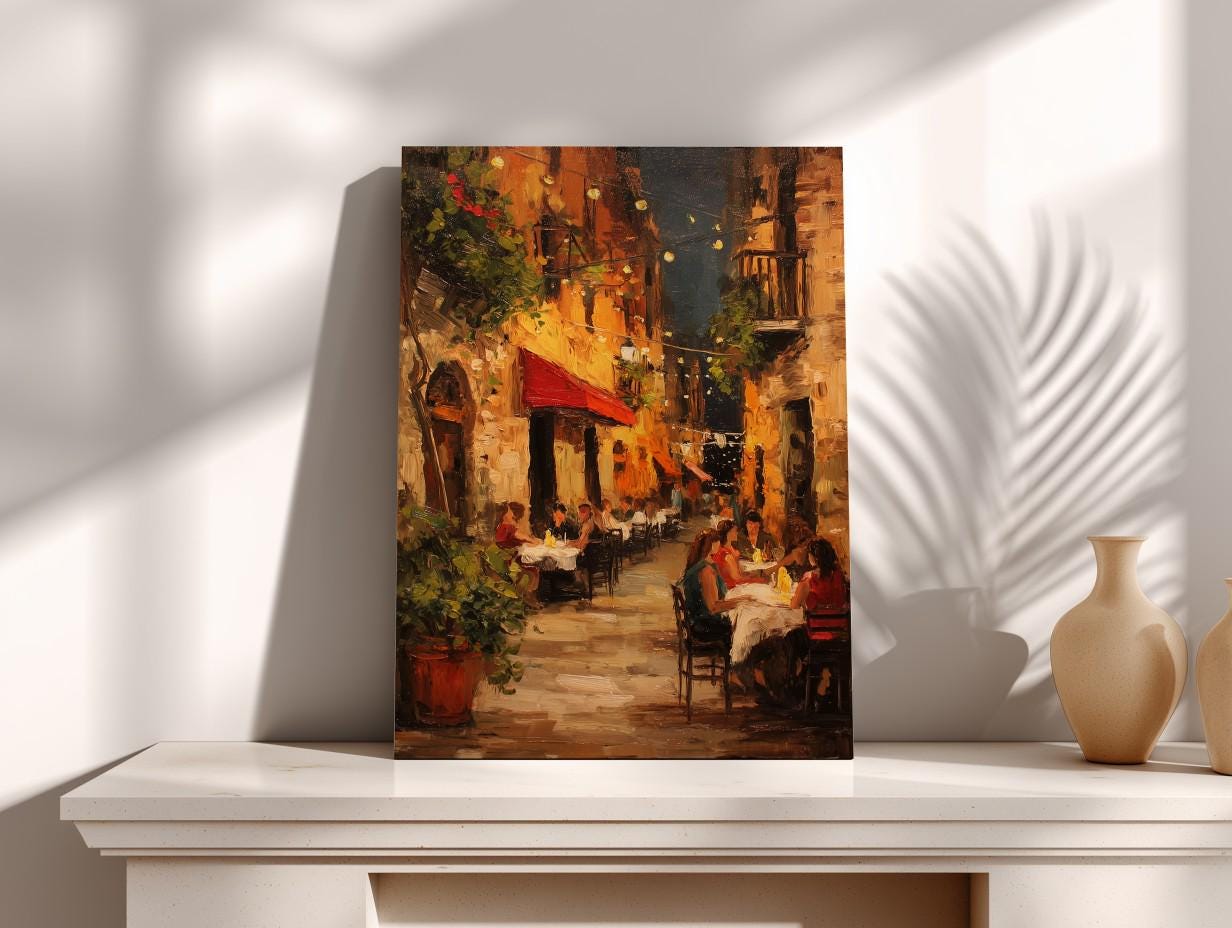 a lively street scene with people dining at outdoor cafes, surrounded by colorful buildings and illuminated by string lights.