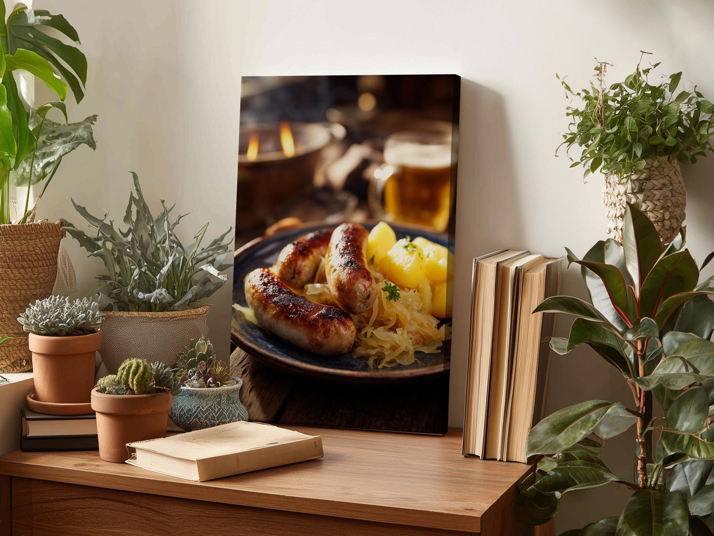 a wooden desk with a framed photograph of sausages and sauerkraut on a plate, surrounded by potted plants and books.