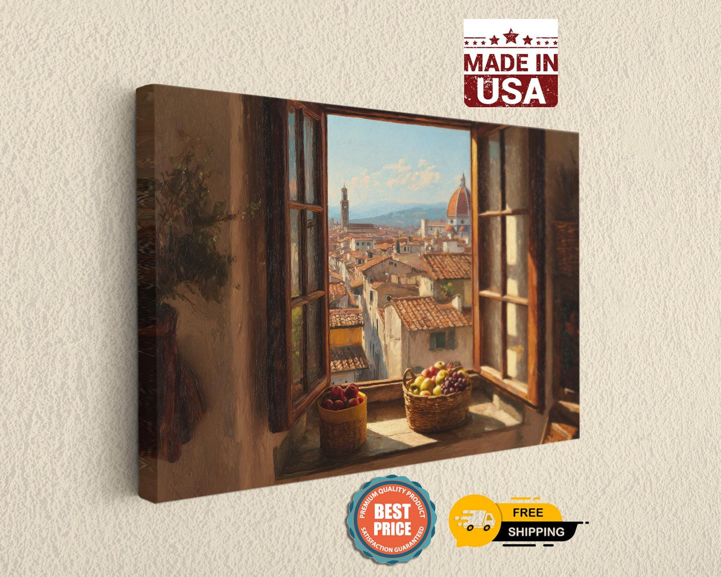 The image is a painting of a cityscape viewed through a window, with a basket of fruit on the windowsill.