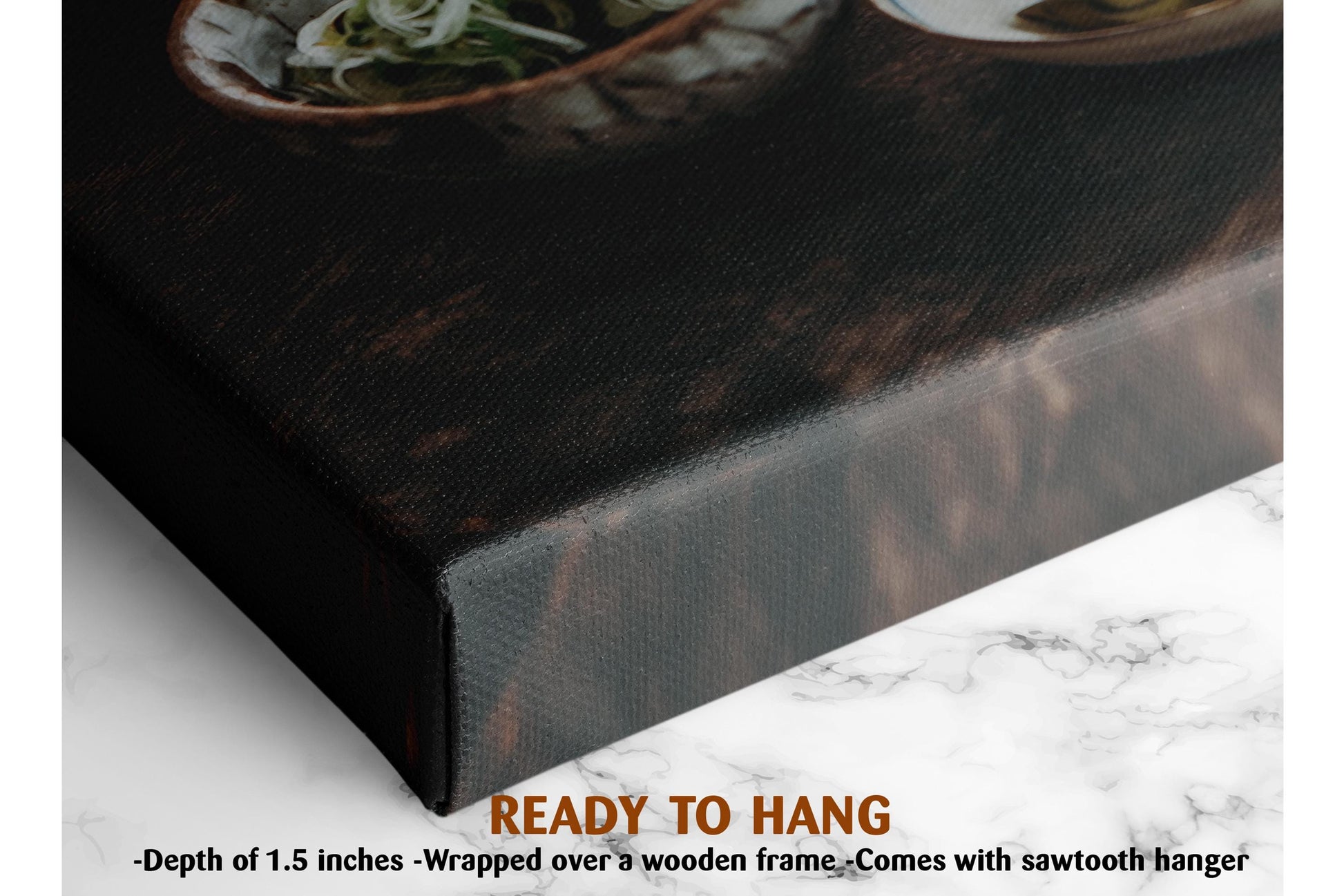 The image is a close-up of a wooden bowl with a green substance inside, placed on a marble surface.