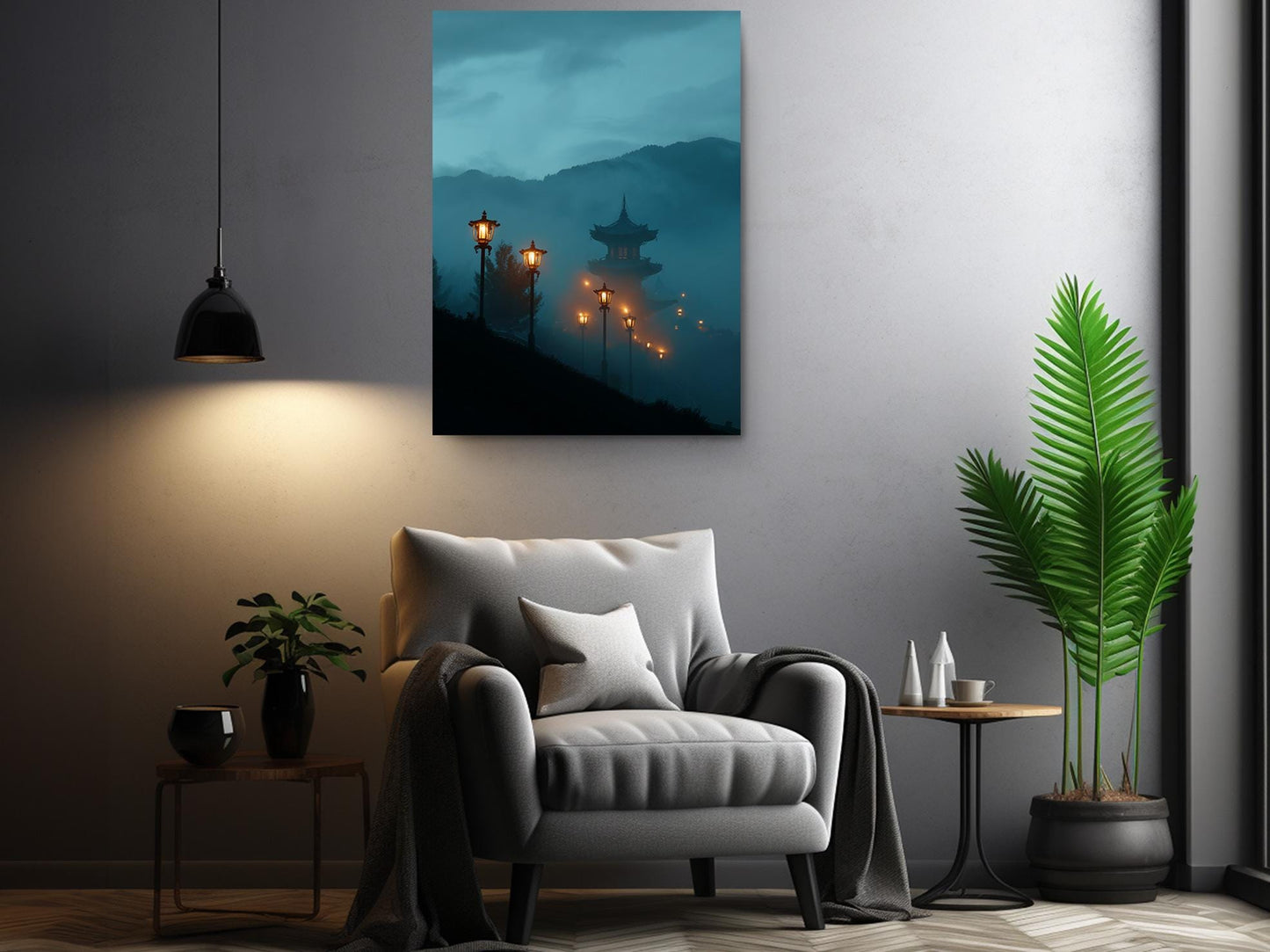 a serene living room with a gray armchair, a wooden side table, and a potted plant. Above the armchair, there is a framed picture of a temple with a misty mountain backdrop, creating a tranquil atmosphere.