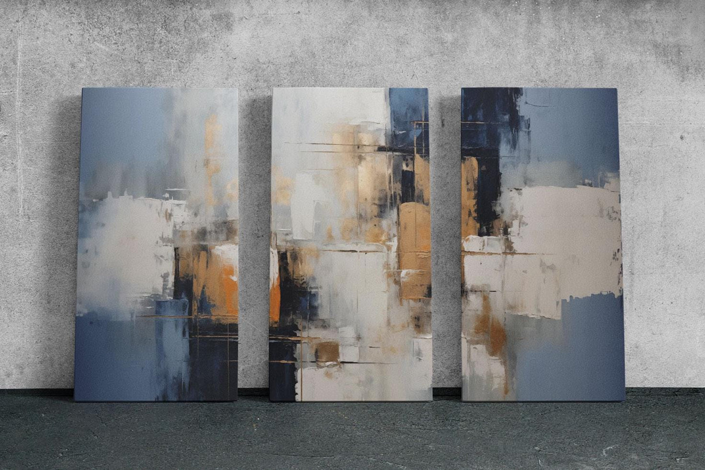 three abstract paintings on a concrete wall