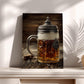 A close-up photograph of a glass mug filled with beer, placed on a wooden surface, with a decorative metal lid.