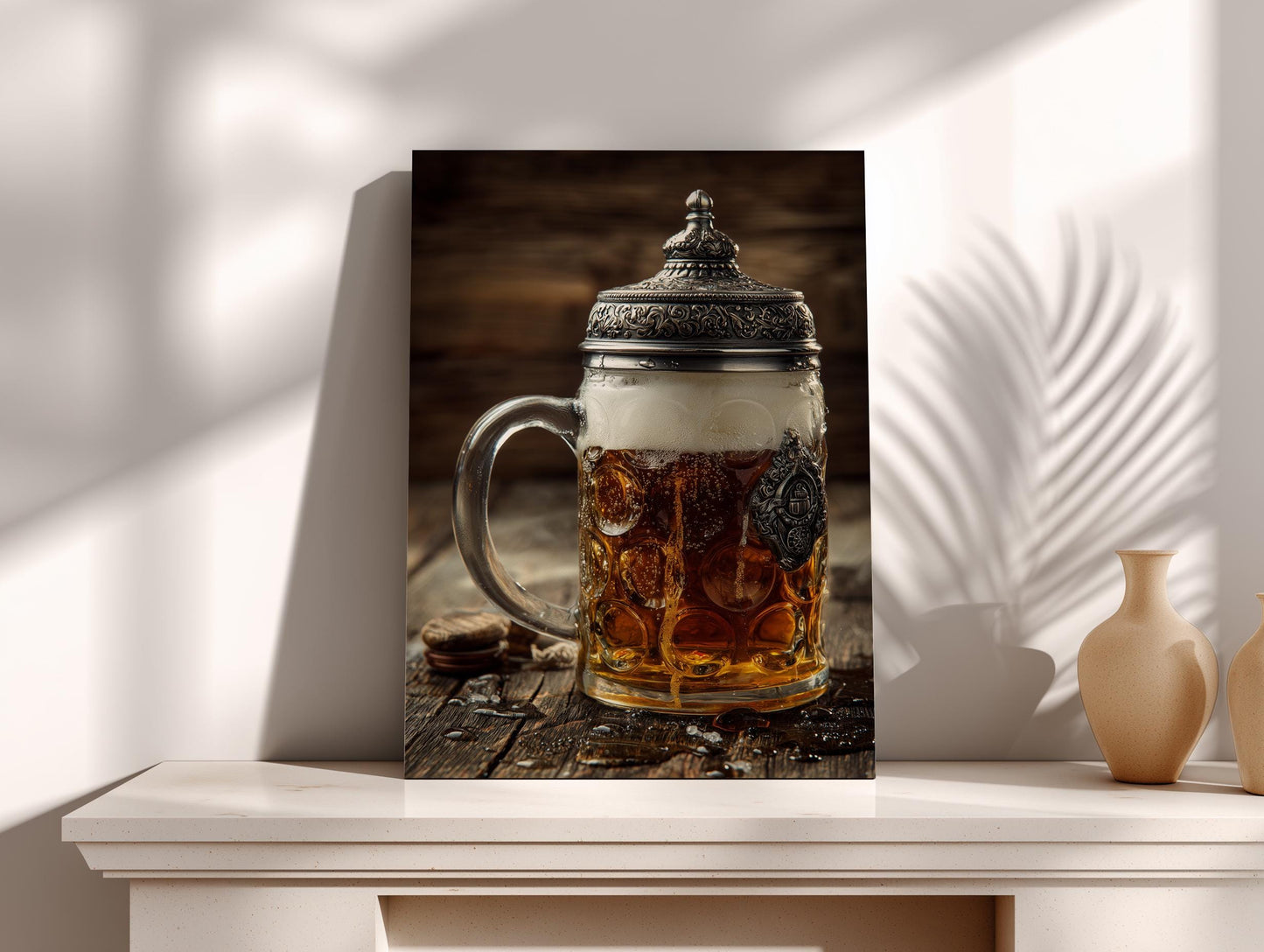 A close-up photograph of a glass mug filled with beer, placed on a wooden surface, with a decorative metal lid.