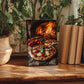 A framed photograph of a pizza with tomatoes and basil is displayed on a wooden table, surrounded by potted plants and books.