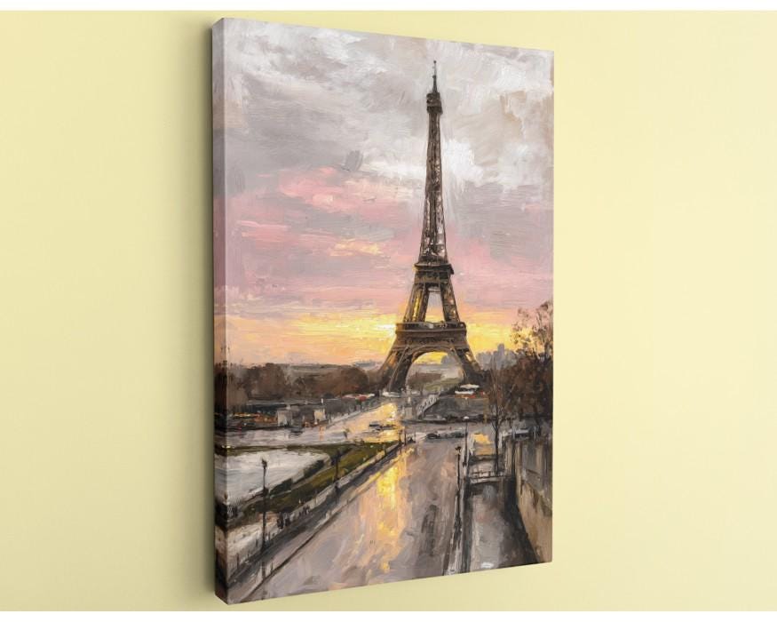 the Eiffel Tower in Paris, France, with a colorful sunset sky in the background.