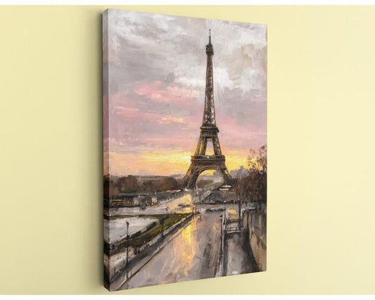 the Eiffel Tower in Paris, France, with a colorful sunset sky in the background.