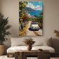 a cozy living room with a large painting of a white car driving down a coastal road, surrounded by lush greenery and a picturesque view of the sea.