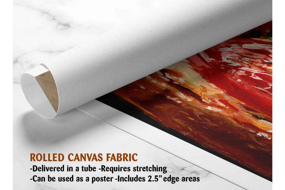 The image is a rolled canvas fabric, which is a type of canvas material used for painting or printing. It is described as a tube-delivered fabric that requires stretching and can be used as a poster with a 2.5&quot; edge area.