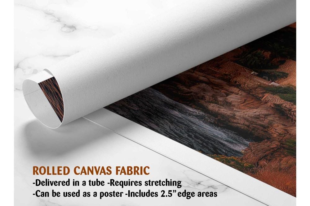 The image is a rolled canvas fabric, which is a type of canvas material used for painting or printing. It is described as a tube-delivered canvas fabric, which means it is delivered in a tube and requires stretching before use. It can be used as a poster with a 2.5&quot; edge area.
