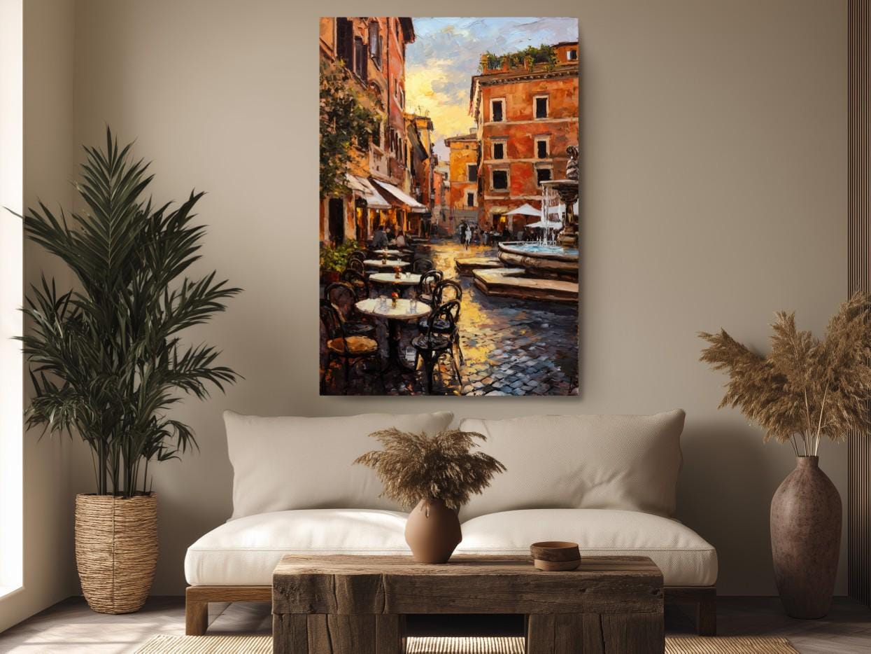 a cozy living room with a large painting of a picturesque street scene hanging on the wall. The painting depicts a charming European town with colorful buildings, outdoor seating areas, and a tranquil atmosphere. The room is decorated with potted plants, a wooden coffee table, and a comfortable sofa, creating a warm and inviting ambiance.