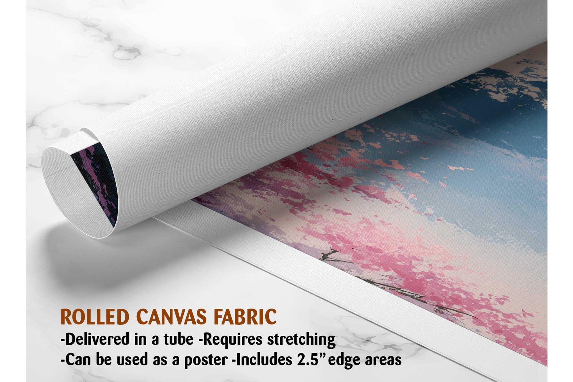 The image is a rolled canvas fabric, which is a type of canvas material used for painting or printing. It is described as a tube-delivered fabric, which means it is delivered in a tube and requires stretching before use. The fabric can be used as a poster and includes a 2.5&quot; edge area.
