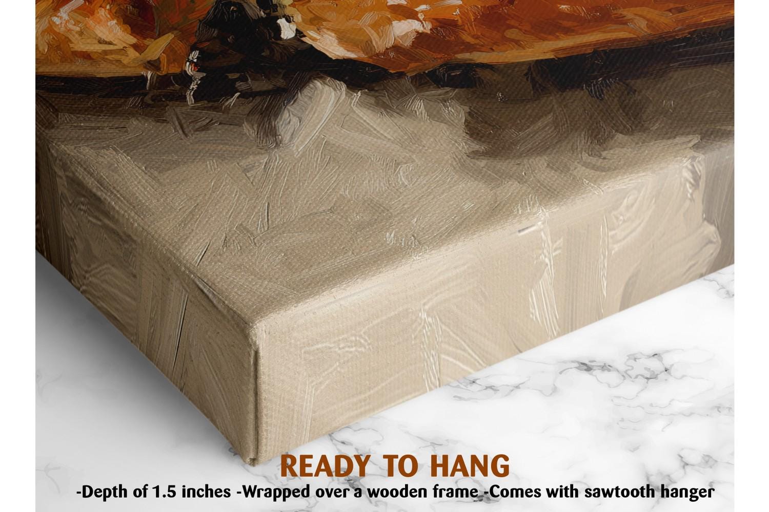 The image is a close-up of a wooden frame with a painting or artwork hanging on it. The frame appears to be wrapped over a wooden frame, and the artwork is displayed on a marble surface.