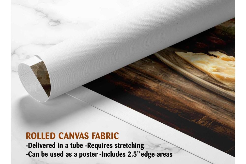 The image is a rolled canvas fabric, which is a type of canvas material used for creating posters or wall art. It is described as a tube-delivered fabric, which means it is delivered in a tube and requires stretching before use. The fabric can be used as a poster and includes a 2.5&quot; edge area.