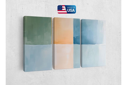 a set of three abstract paintings on a wall