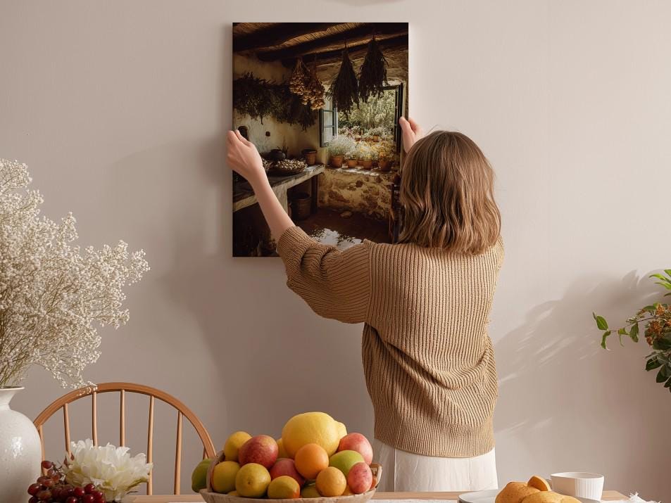 A woman hangs a framed photograph of a kitchen scene on a wall, surrounded by various fruits and flowers in a cozy, homely setting.