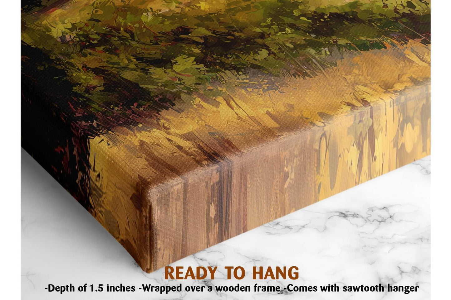 The image is a close-up of a wooden frame with a painting on it, and it is described as a ready-to-hang piece.