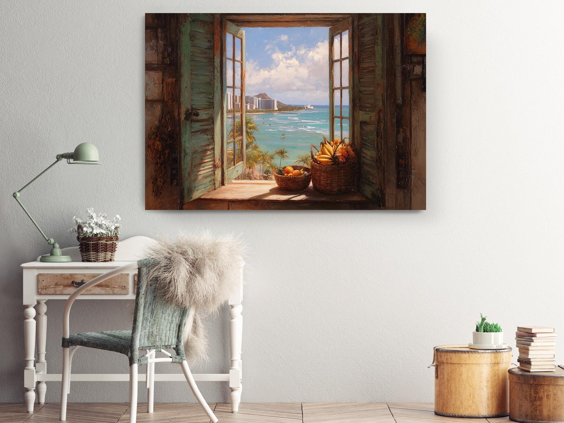 a cozy living room with a large window that offers a picturesque view of the ocean and palm trees. The window is open, revealing a basket of fruit and a basket of flowers on the sill. The room is decorated with a white desk, a green chair, and a lamp, creating a warm and inviting atmosphere.