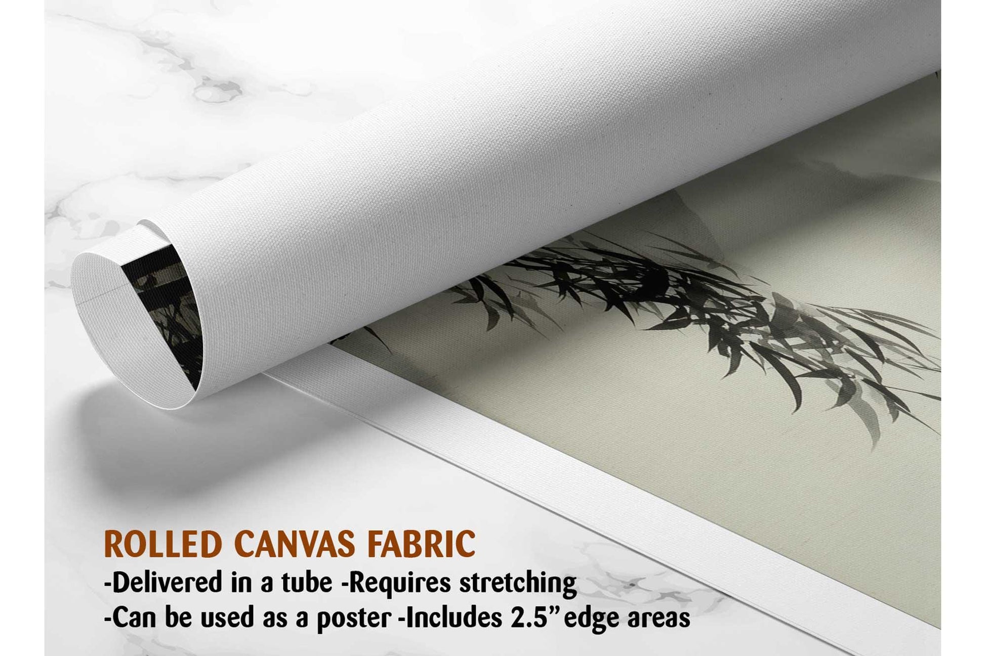 The image is a rolled canvas fabric, which is a type of canvas material used for painting or printing. It is described as a tube-delivered fabric, which means it is delivered in a tube and requires stretching before use. It can be used as a poster with a 2.5&quot; edge area.