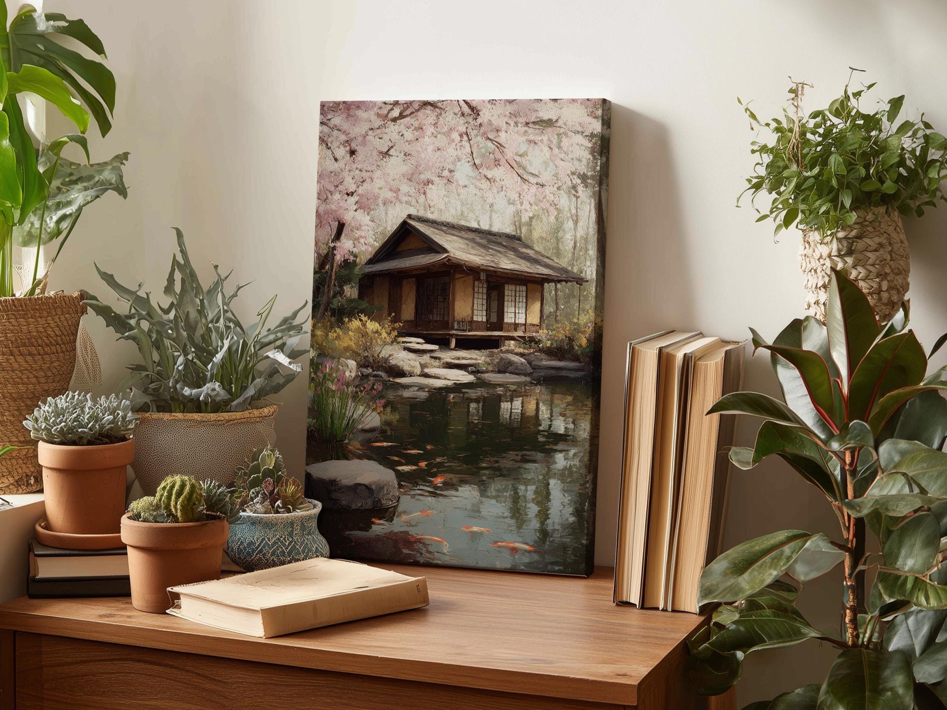 a wooden table with a painting of a Japanese-style house, surrounded by potted plants and books, creating a serene and cozy atmosphere.