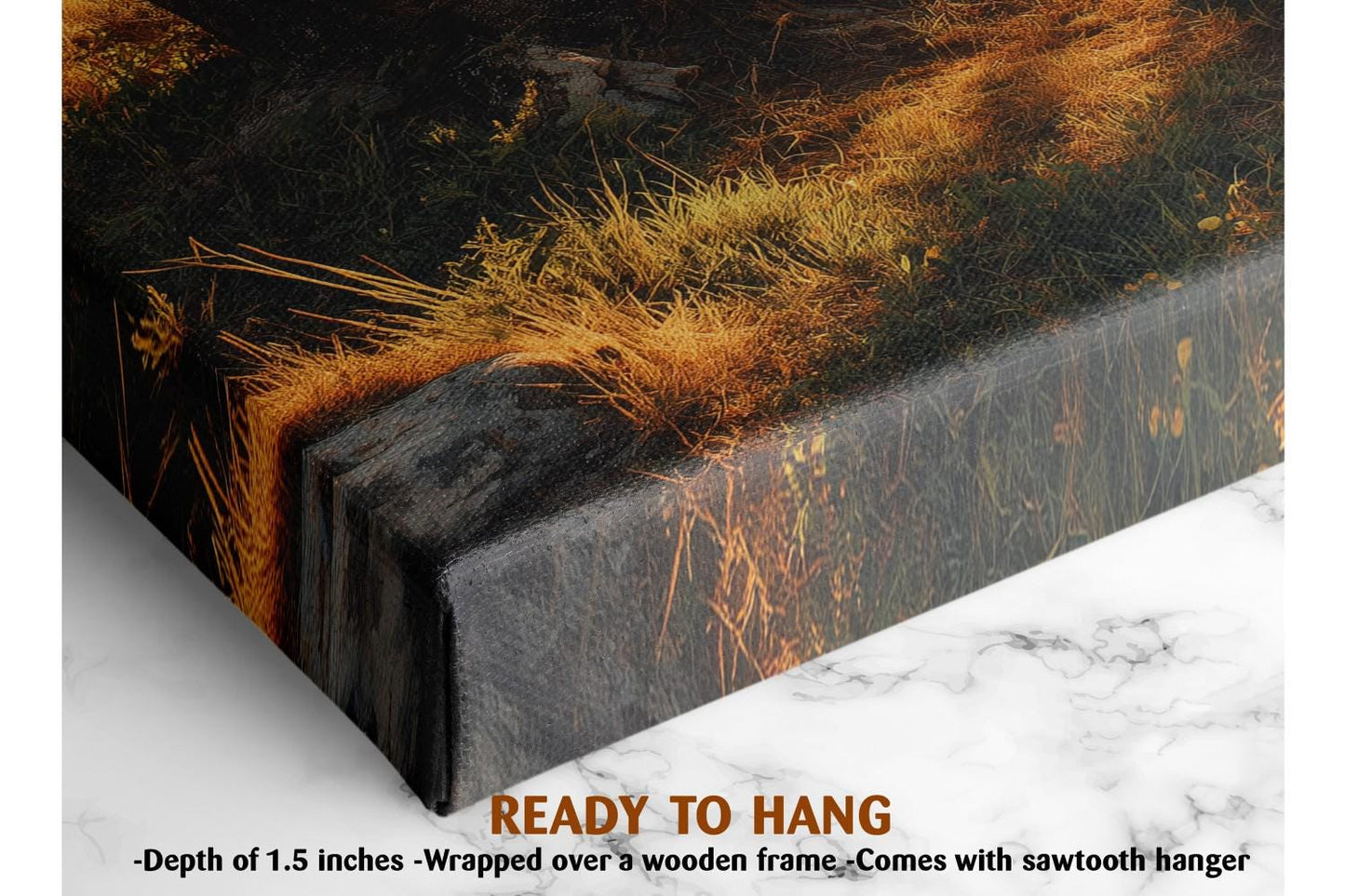 The image is a close-up of a canvas print featuring a landscape with grass and foliage. The print is described as having a depth of 1.5 inches and is wrapped over a wooden frame, which comes with a sawtooth hanger.