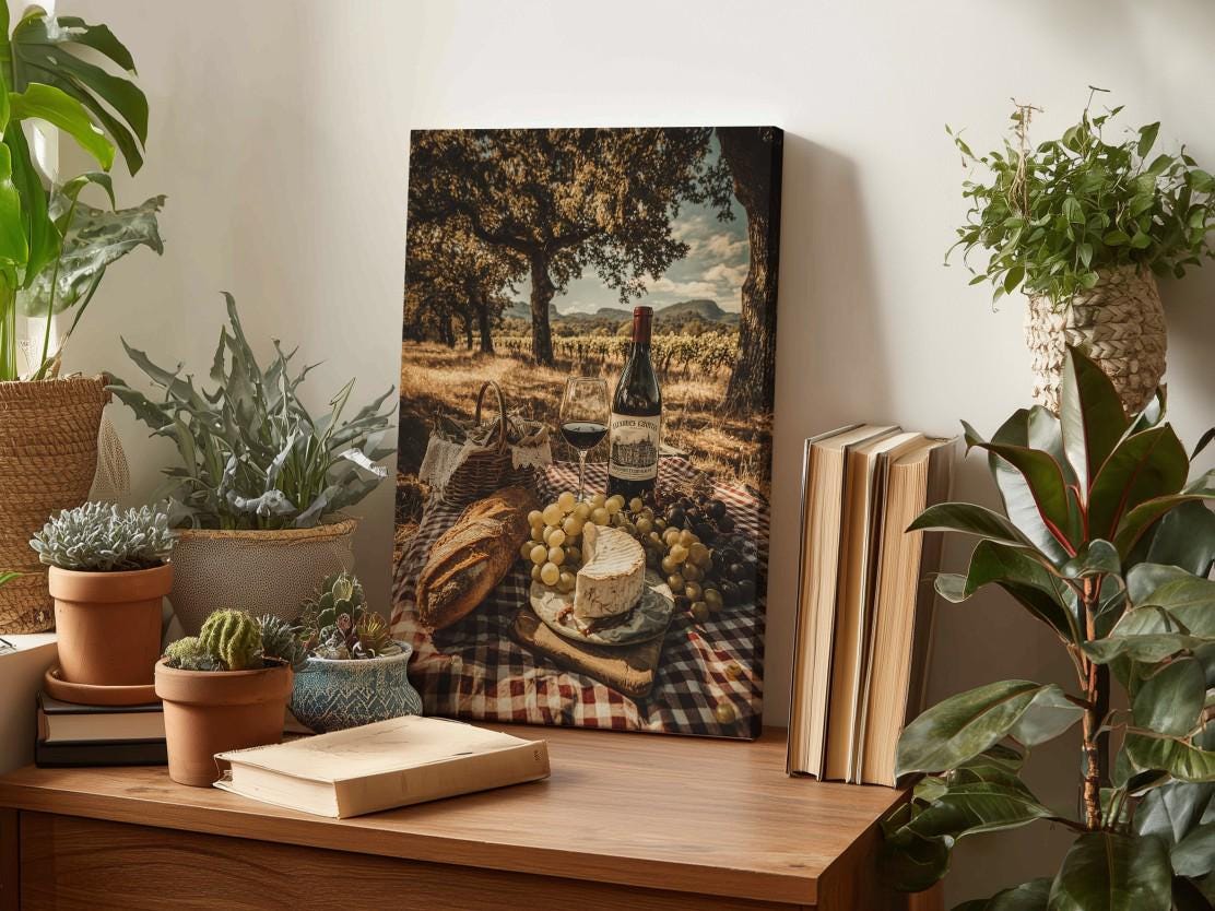 a wooden table with a painting of a picnic scene, including a bottle of wine, grapes, bread, and cheese, surrounded by potted plants and books.