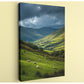 a serene countryside landscape with rolling hills, lush green fields, and a flock of sheep grazing peacefully in the foreground. The sky is filled with clouds, creating a dramatic backdrop for the pastoral scene.