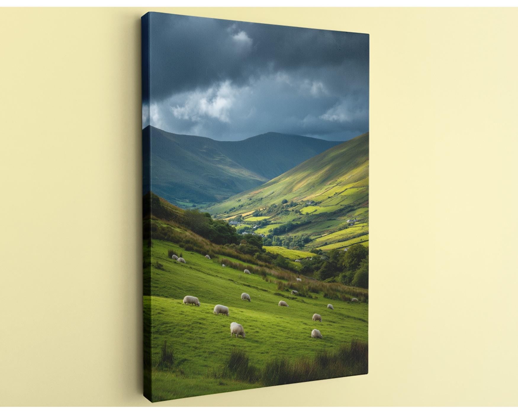a serene countryside landscape with rolling hills, lush green fields, and a flock of sheep grazing peacefully in the foreground. The sky is filled with clouds, creating a dramatic backdrop for the pastoral scene.