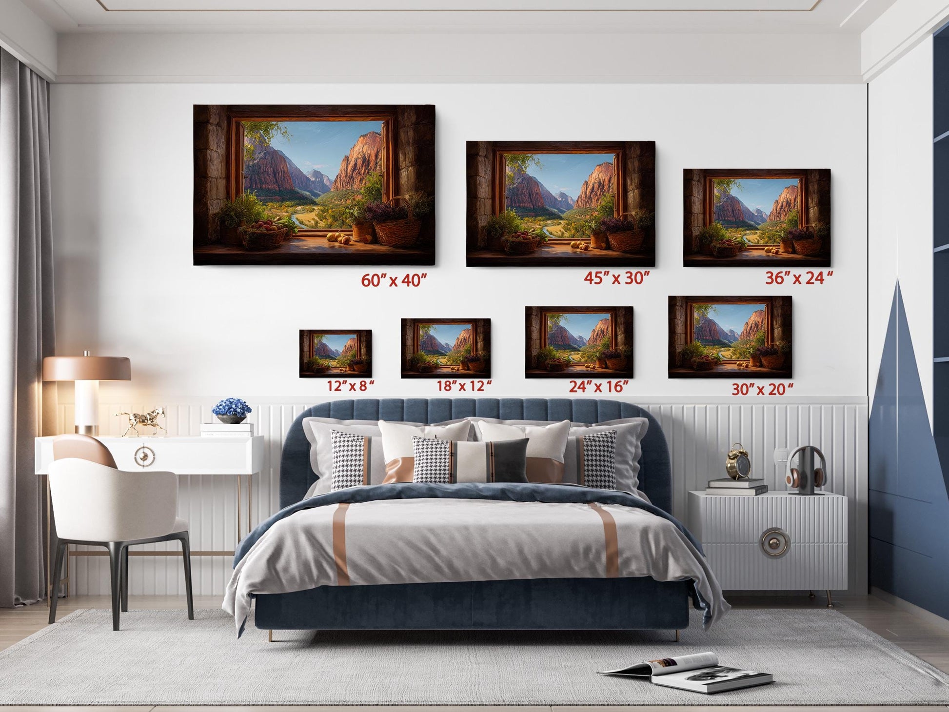The image is a bedroom with a large bed, a nightstand, and a desk. Above the bed, there are five framed landscape paintings of varying sizes, each depicting a different mountain scene. The paintings are arranged in a grid-like pattern on the wall, with each painting having a different size and frame.
