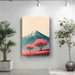 a serene indoor setting with a large potted plant on the left side and a framed landscape painting on the right side, depicting a mountain with pink trees in the foreground.