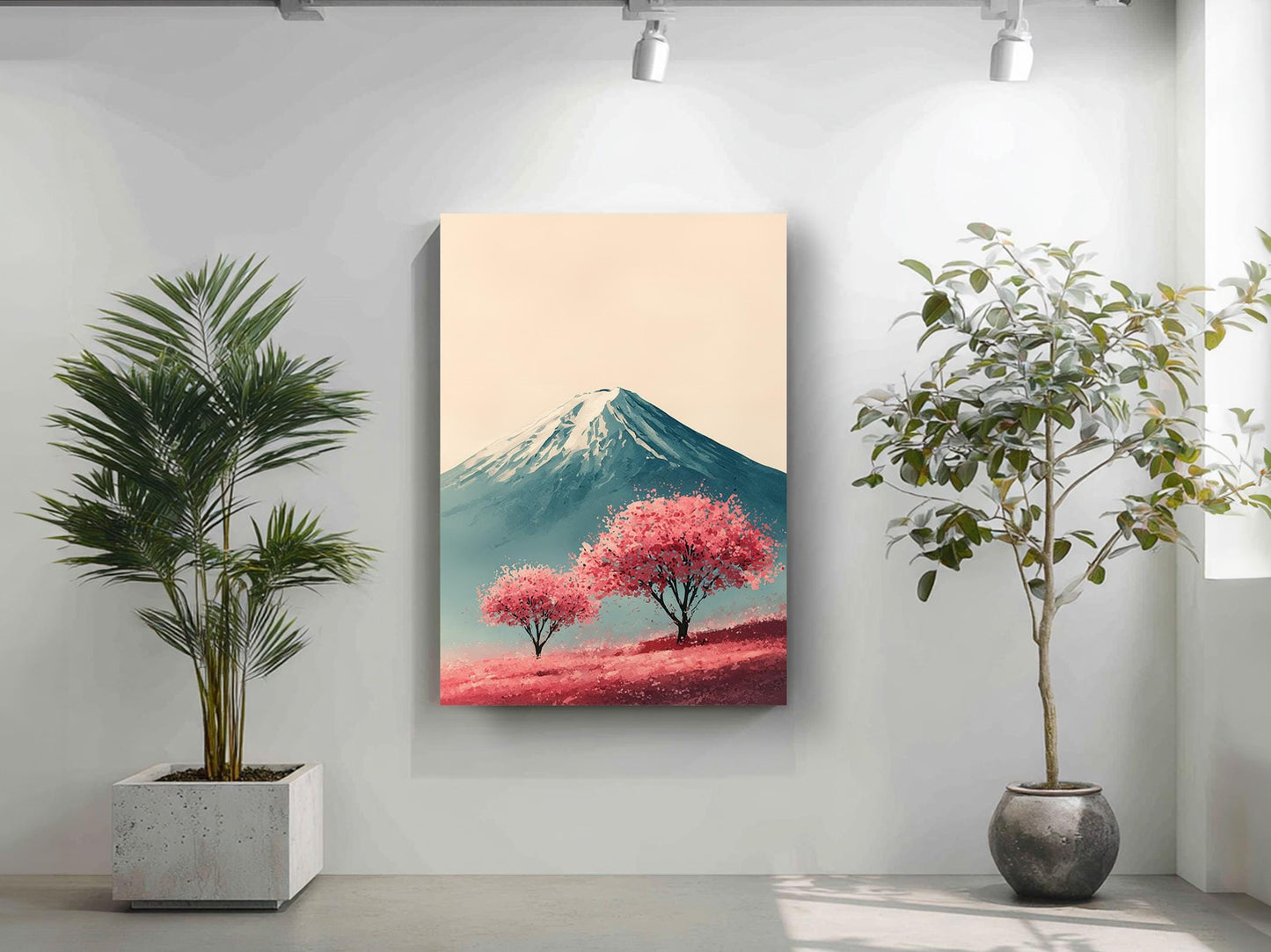 a serene indoor setting with a large potted plant on the left side and a framed landscape painting on the right side, depicting a mountain with pink trees in the foreground.