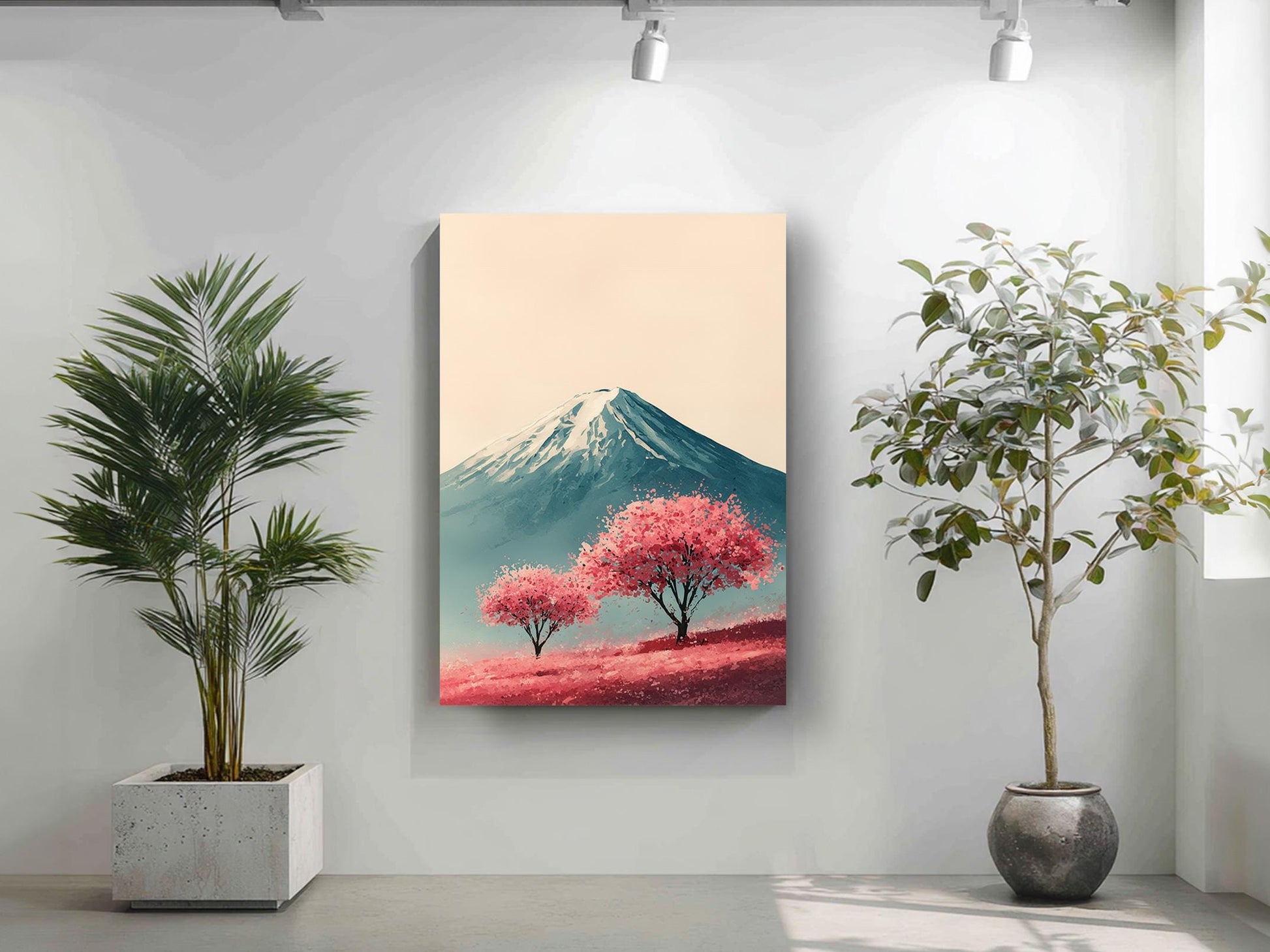 a serene indoor setting with a large potted plant on the left side and a framed landscape painting on the right side, depicting a mountain with pink trees in the foreground.