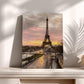 a painting of the Eiffel Tower in Paris, France, with a sunset in the background.