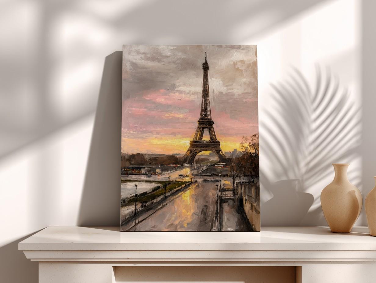 a painting of the Eiffel Tower in Paris, France, with a sunset in the background.