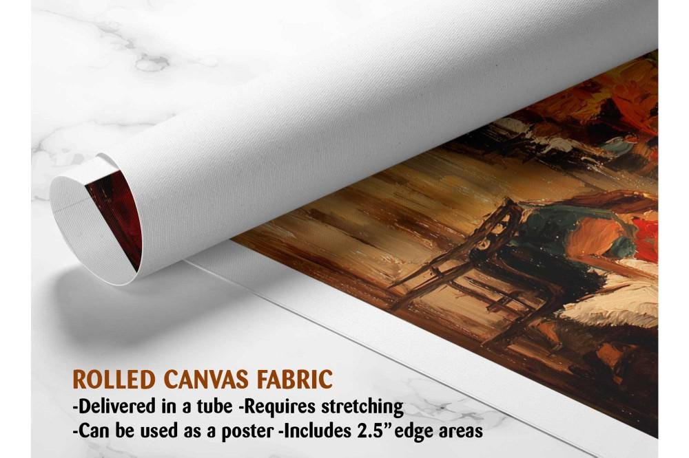 The image is a rolled canvas fabric, which is a type of canvas material used for painting or printing artwork. It is described as a tube-delivered canvas fabric, which means it is delivered in a tube and requires stretching before use. It can be used as a poster with a 2.5&quot; edge area.