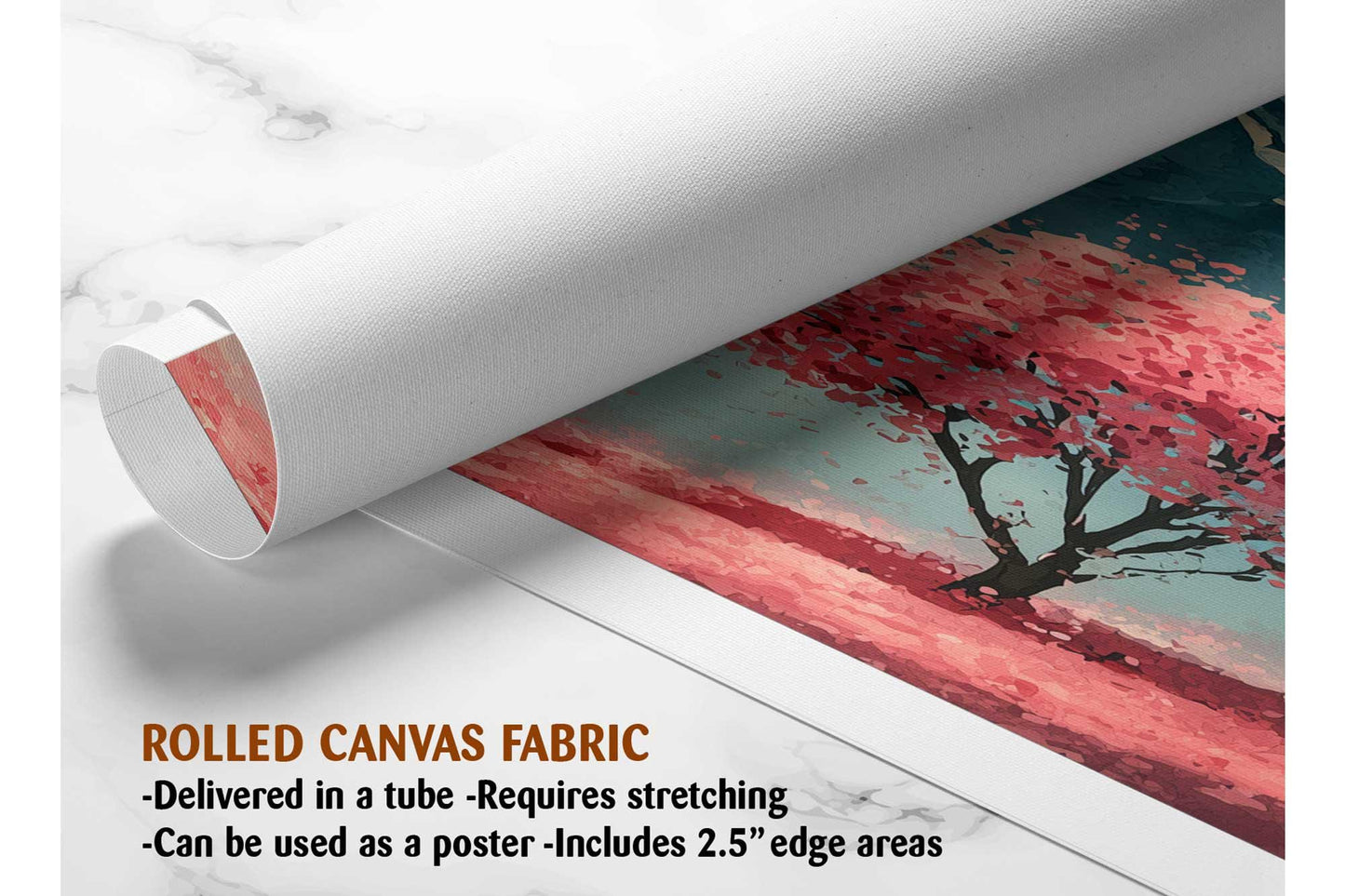 The image is a rolled canvas fabric, which is a type of canvas material used for painting or printing. It is described as a tube-delivered canvas fabric, which means it is delivered in a tube and requires stretching before use. The fabric can be used as a poster, with a 2.5&quot; edge area.