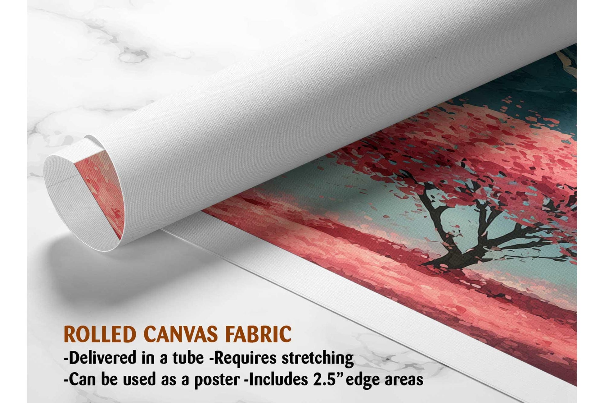 The image is a rolled canvas fabric, which is a type of canvas material used for painting or printing. It is described as a tube-delivered canvas fabric, which means it is delivered in a tube and requires stretching before use. The fabric can be used as a poster, with a 2.5&quot; edge area.