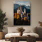 a large, colorful painting of a castle on a mountain, hanging on a wall in a living room.