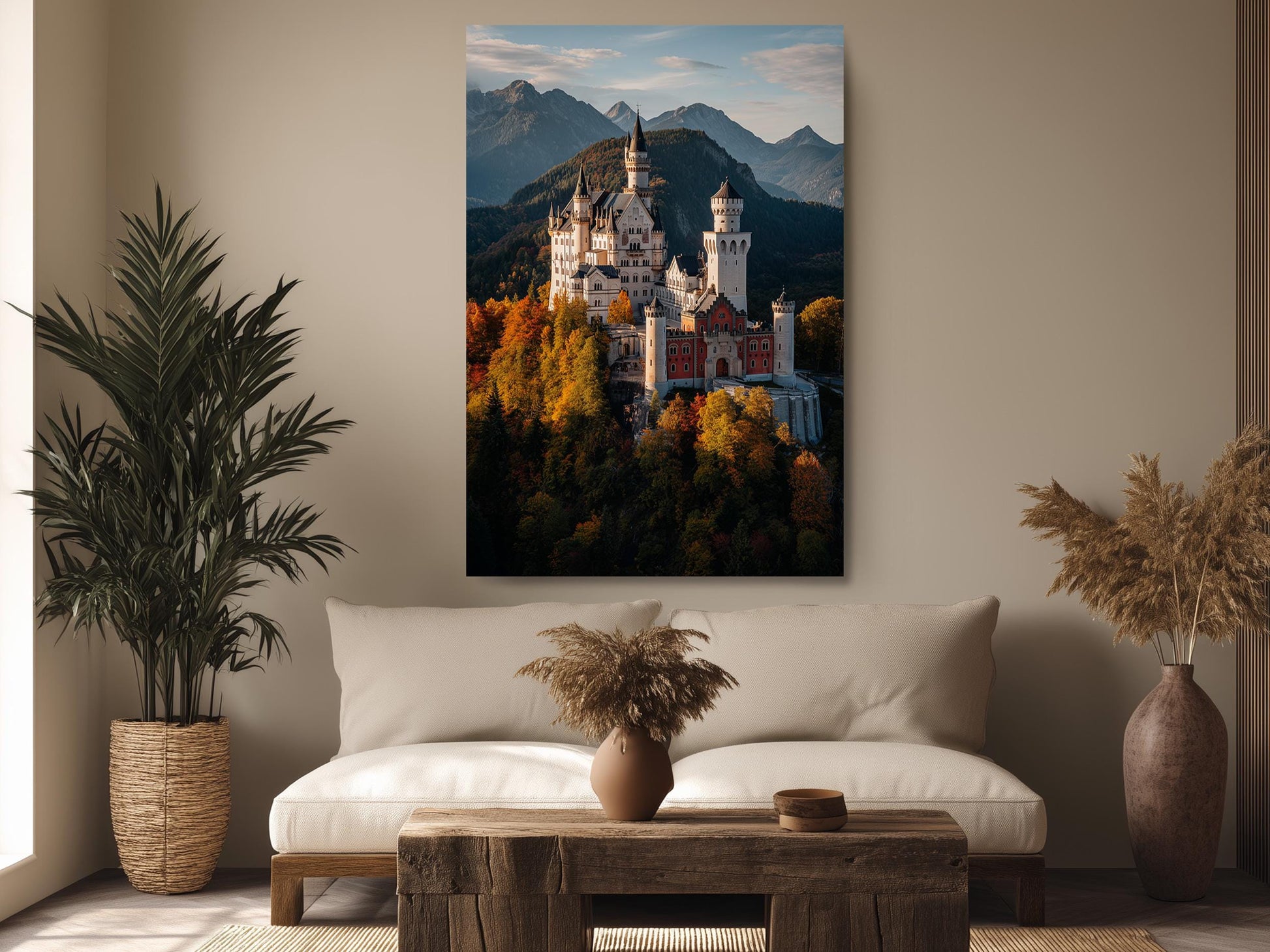 a large, colorful painting of a castle on a mountain, hanging on a wall in a living room.