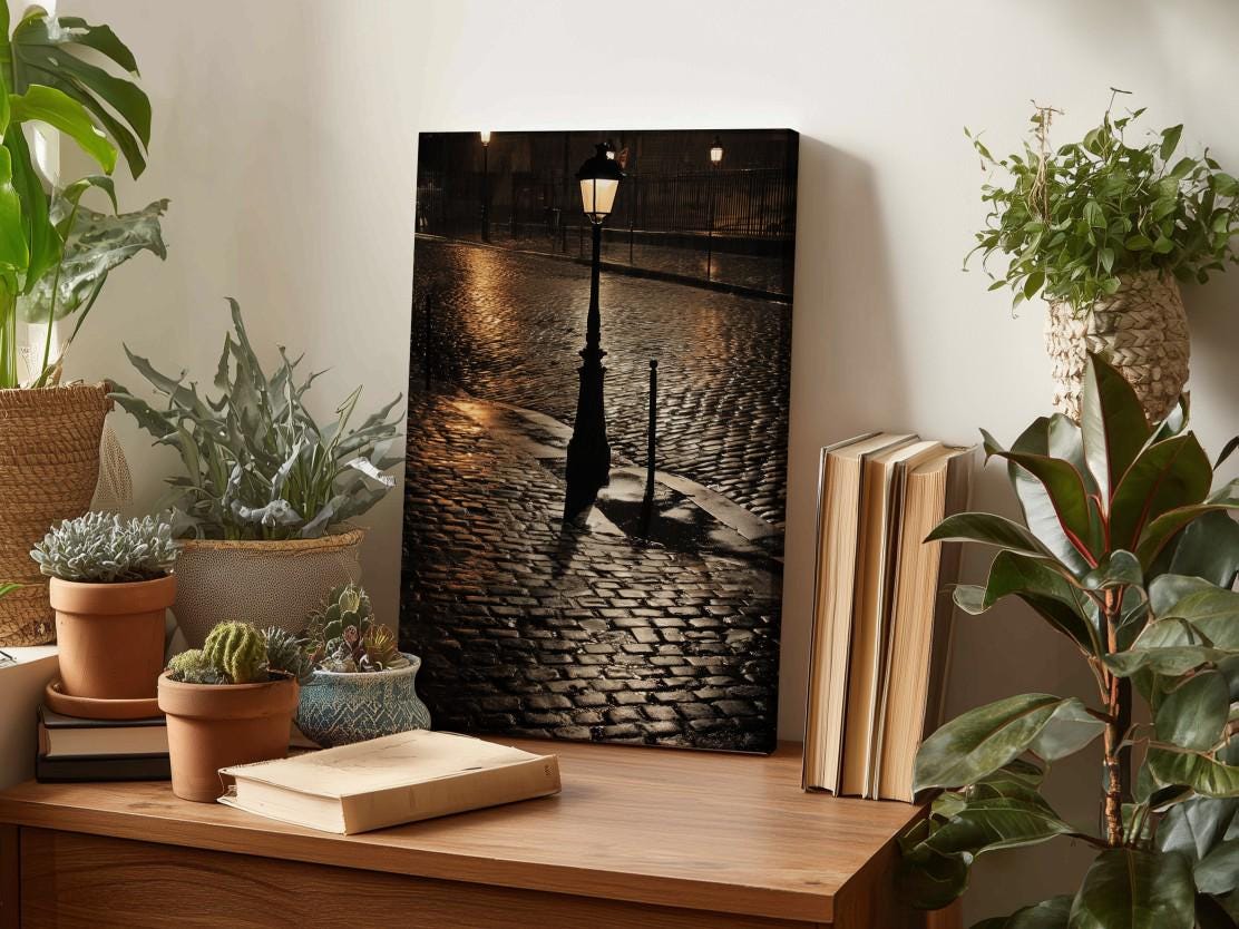 a wooden table with a framed photograph of a cobblestone street at night, surrounded by potted plants and books.