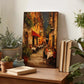 a wooden table with a painting of a street scene, surrounded by potted plants and books, creating a cozy and inviting atmosphere.